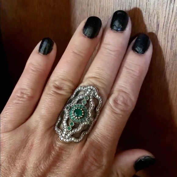 Long Emerald Topaz Silver Antique Style Ring Size 8 - Picture 6 of 6